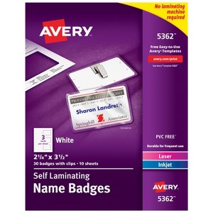 Avery Customizable Self-Laminating Name Badges with Clips, 2.25" x 3.5", White Printable Inserts, 30 Clip Style Laminated Badges (5362) - 1 of 4