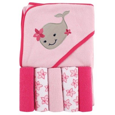 Image of Luvable Friends Baby Girl Hooded Towel with Five Washcloths, Girly Whale, One Size