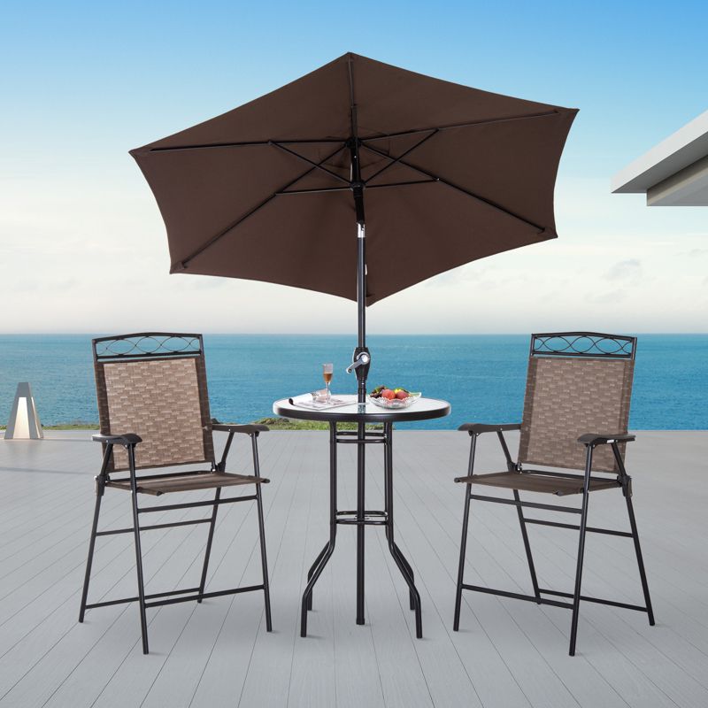 Outsunny 4 Piece Patio Bar Set for 2 with 6' Adjustable Tilt Umbrella, Outdoor Bistro Set with Folding Chairs & Glass Round Dining Table, 3 of 9
