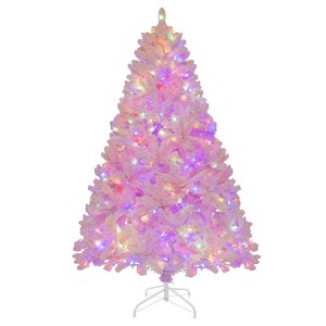 Tangkula 6/7FT Pink Artificial Christmas Tree Pre-lit Hinged Snow Flocked Xmas Tree with 808/1200 Branch Tips 8 Lighting Modes - 1 of 4