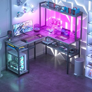 Aheaplus L Shaped Desk with Hutch, LED Lights, Reversible Corner Desk with Power Outlet - 1 of 4