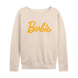 Women's - Barbie - Floral Pattern Logo Filled Lightweight French Terry Wide Neck Long Sleeve Shirt - 1 of 4