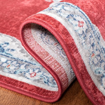 Hand-Knotted Red and Ivory Synthetic Square Rug