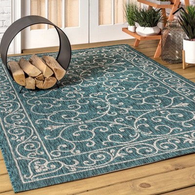 Teal & Gray Vintage Boho-Chic Filigree 9'x12' Indoor/Outdoor Rug