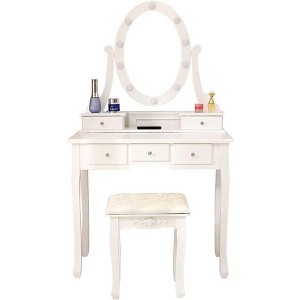 Coucheta White Vanity Dresser with LED Mirror - 5 Drawers, 10 Light Bulbs, Storage Boxes & Stool Included, MDF Dressing Table - 1 of 4