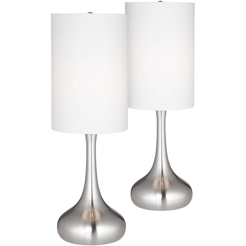 360 Lighting Modern Table Lamps 24.5" High Set of 2 Brushed Steel Droplet White Cylinder Shade for Living Room Family Bedroom Bedside Office, 1 of 7