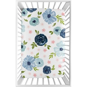 Sweet Jojo Designs Girl Baby Fitted Mini Crib Sheet Watercolor Floral Navy Blue Pink and White - 1 of 4
