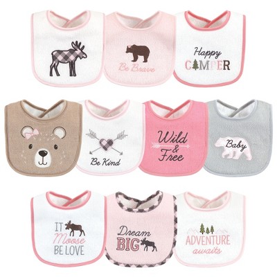 Hudson Baby Infant Girl Cotton Terry Drooler Bibs with Fiber Filling, Girl Moose Bear, One Size