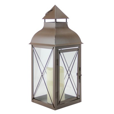 Melrose 16.75" Cottage Style Metallic Brown Lantern with Flameless LED Pillar Candle