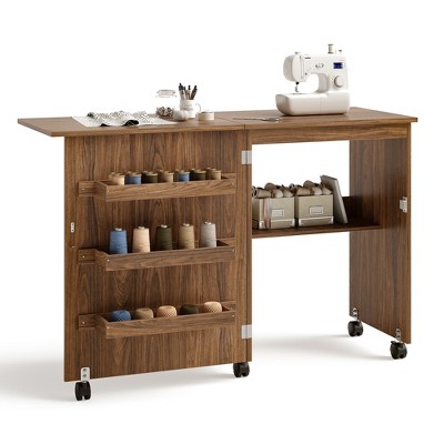 Costway Folding Sewing Craft Table Shelf Storage Cabinet Home Furniture W/ wheels Brown : Target