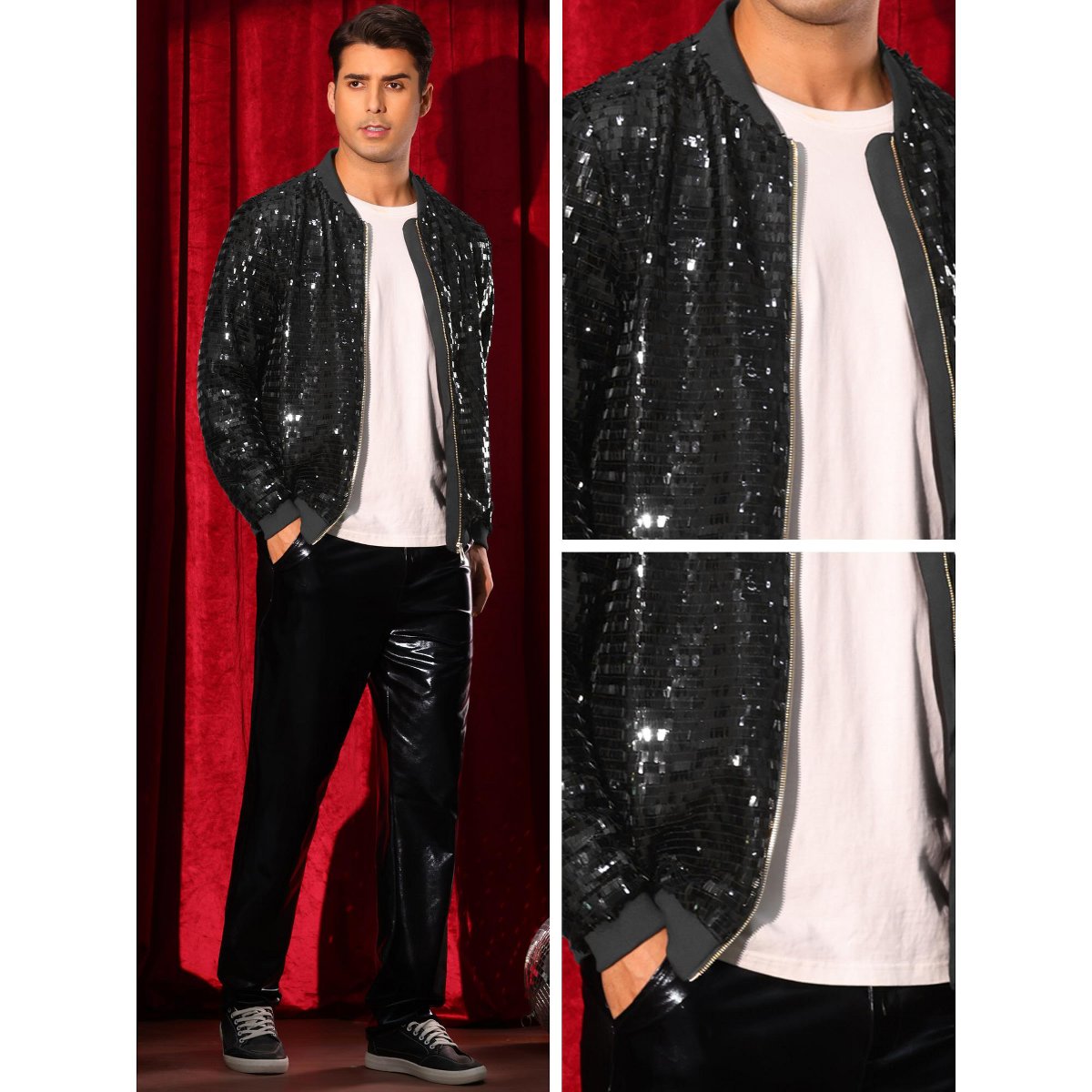 Мужские куртки INSPIRE CHIC Sequin Varsity Jackets for Men's Zipper Festival Disco Sparkly Shiny Baseball Bomber Jacket Black Medium — фото 5