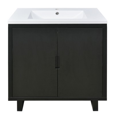 Vynxaria 30 Inch Black Bathroom Vanity Set with Sink Solid Wood Frame Soft Close Doors, Large Storage Space and Anti Scratch Floor Mats Free Standing