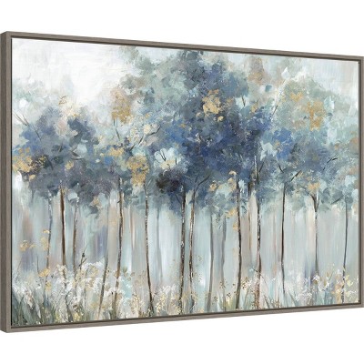 Blue and Gold Forest Landscape Canvas Print with Greywash Frame