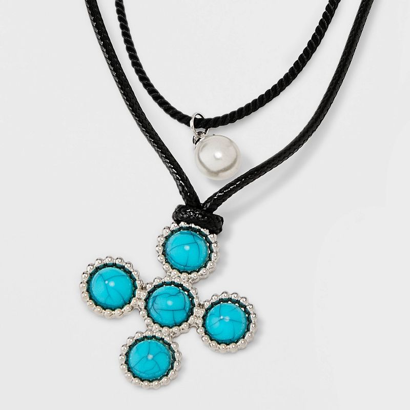 Corded Cross and Pearl Pendant Necklace Set 2pc - Wild Fable&#8482; Black/Turquoise, 5 of 6