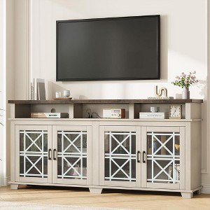 Farmhouse TV Stand for 81 Inch, Wooden Mid Century Modern Entertainment Center with Glass Door, LED Lights and Storage, for Living Room Bedroom - 1 of 4