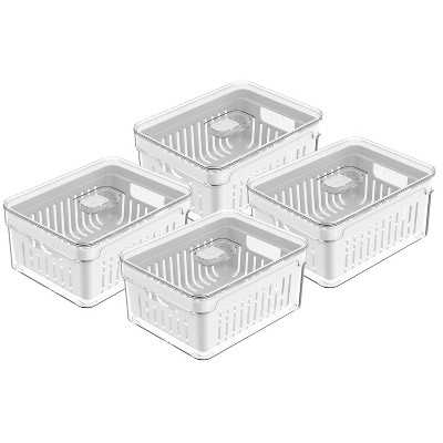 OU Fridge Organizer Bins with Drain Basket & Vented Lid, Clear Stackable Refrigerator Storage Container, Produce Kitchen Storage Bin, BPA Free, 4 Pack