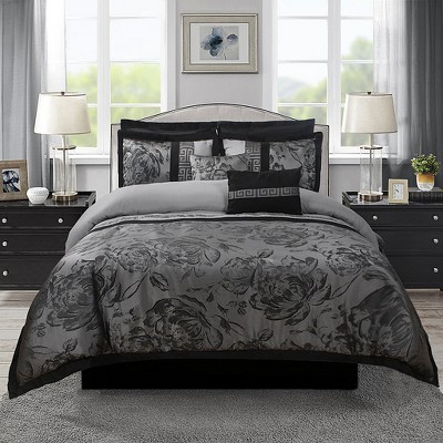 HIG 8-Piece Jacquard Fabric Patchwork Bed in a Bag, Gray Queen Size Comforter Set with Floral Damask Design, Shams, Bedskirt & Decorative Pillows — фото 2