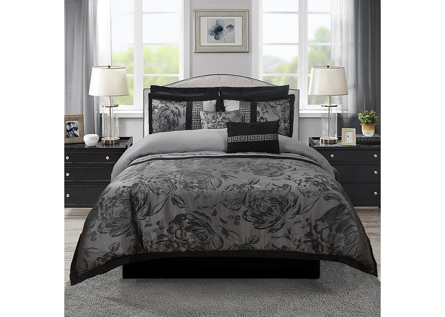 Постельное бельё HIG 8-Piece Jacquard Fabric Patchwork Bed in a Bag, Gray Queen Size Comforter Set with Floral Damask Design, Shams, Bedskirt & Decorative Pillows, цвет: Серый — фото 2