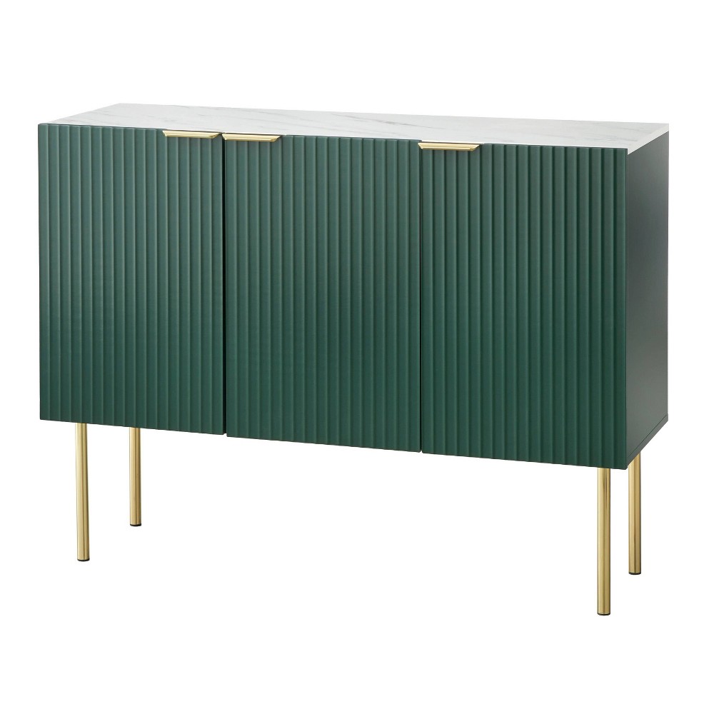 Lifestorey Russo Modern Channel Front 3 Door Sideboard Adjustable Shelves Dark Green: Luxury Glam Buffet Server, Laminated MDF, Gold Accents