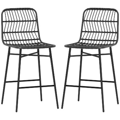 Black Rattan Bar Stools Set of 2, 26 Inch High Bar Stools with Back, Bar Stools for Kitchen Island