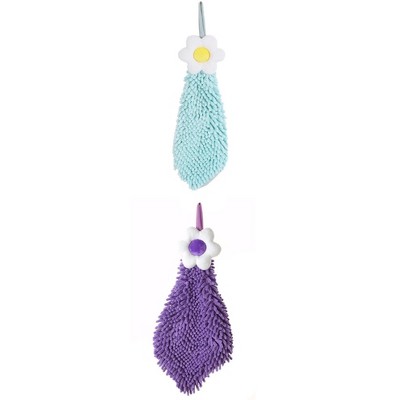 REGALWOVEN Chenille Soft Absorbent Flower Hanging Hand Towels for Bathroom 2 Pcs