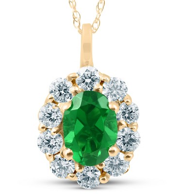 Pompeii3 1 3/4ct Emerald & Genuine Diamond Halo Pendant 14K Yellow Gold