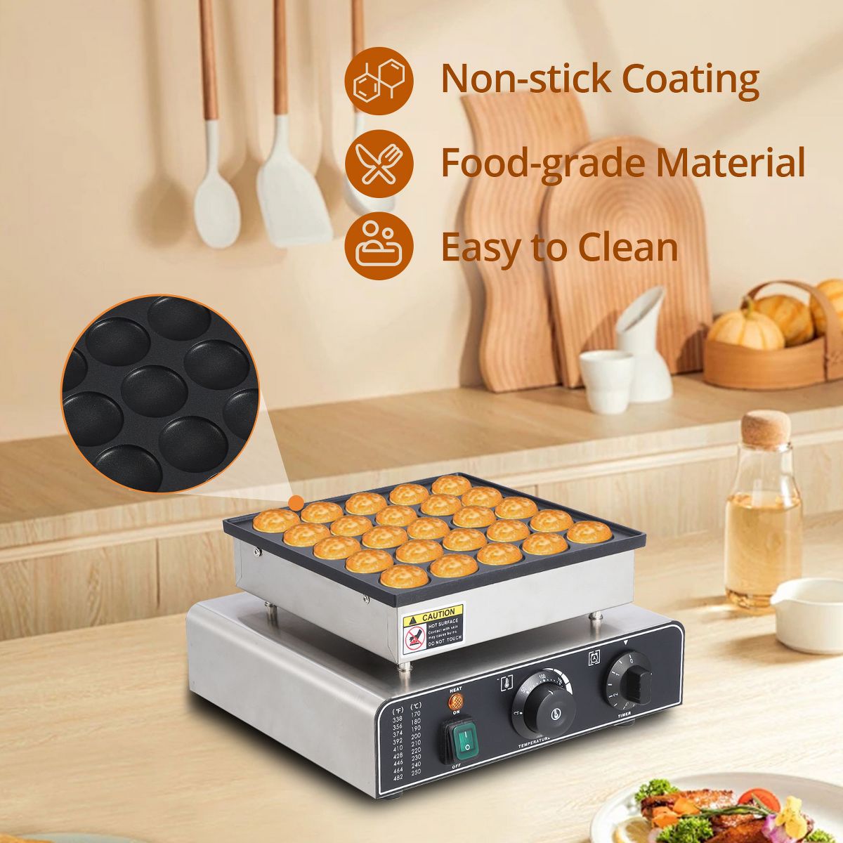 25-Hole Electric Nonstick Mini Dutch Pancake Maker, 1.8" Holes, 50-300℃ Adjustable Temp, Fast Heating, Easy Clean, American Plug for Home & Snack Bar - thumbnail 8