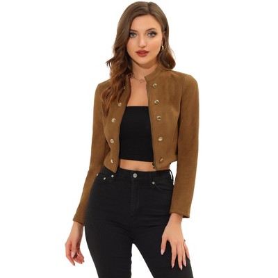 Allegra K Women's Stand Collar Zip Up Faux Suede Cropped Jacket Brown Small