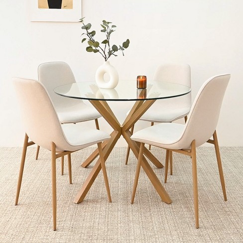 Round Glass Dining Table With Chairs 5 piece Round Clear Glass With 4 Beige Upholstered Dining Chairs oak Dining Table And Chairs maison Boucle Target