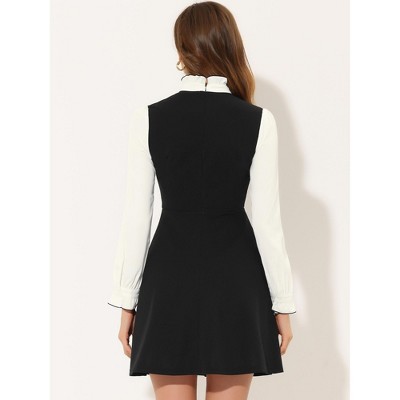 Женские платья INSPIRE CHIC Women's Elegant Contrast Ruffle Stand Collar Bow Tie Puff Sleeve Office Dress Small Black — фото 3
