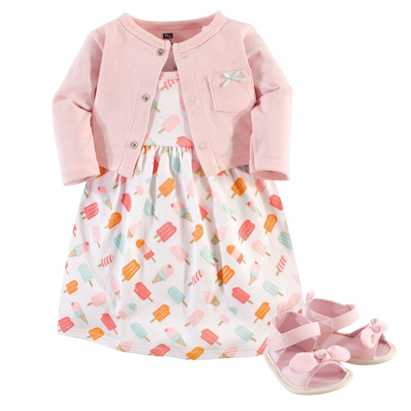 Hudson Baby Infant Girl Cotton Dress, Cardigan and Shoe 3pc Set, Ice Cream, 1 of 4