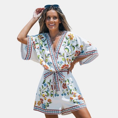 Women's White Floral Surplice Half Sleeve Playsuit Dress - Cupshe
