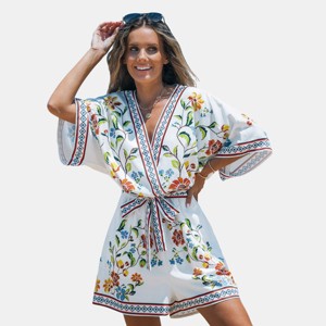 Women's White Floral Surplice Half Sleeve Playsuit Dress - Cupshe - 1 of 4