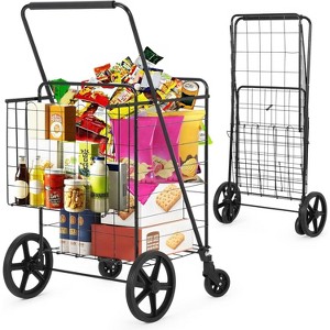 Large Folding Shopping Cart with Wheels, Double-Basket Collapsible Grocery/Utility Cart with Locking Latch for Laundry, Luggage & Camping - 1 of 4
