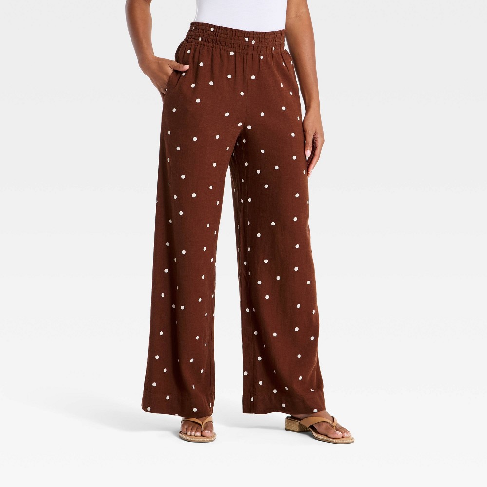 Women's High-Rise Linen Wide Leg Pull-On Pants - A New Day™ Brown Dot XL Short