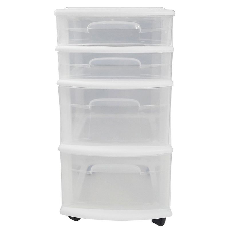 Homz Clear Plastic 4 Drawer Medium Home Storage Container Tower w/2 Large and 2 Small Drawers, and Removeable Caster Wheels, White Frame (2 Pack), 3 of 7