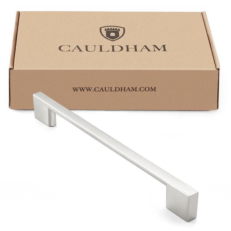 Cauldham Solid Kitchen Cabinet Pulls Handles (6-5/16" Hole Centers) - Modern Thin Profile Drawer/Door Hardware - Style M255 - Satin Nickel, 4 of 6