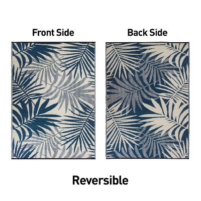 Blue Floral Reversible Synthetic Outdoor Rug, 5' x 7'