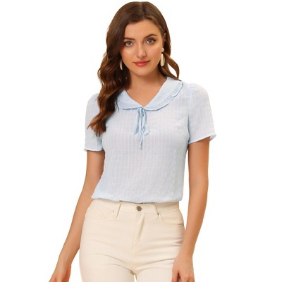 Allegra K Women's Peter Pan Collar Tie Neck Ruffle Blouse