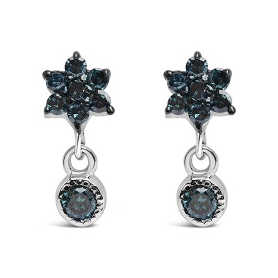 Haus of Brilliance Silver 1/10 Cttw Blue Diamond Star Stud with Bezel Drop Dangle Earrings