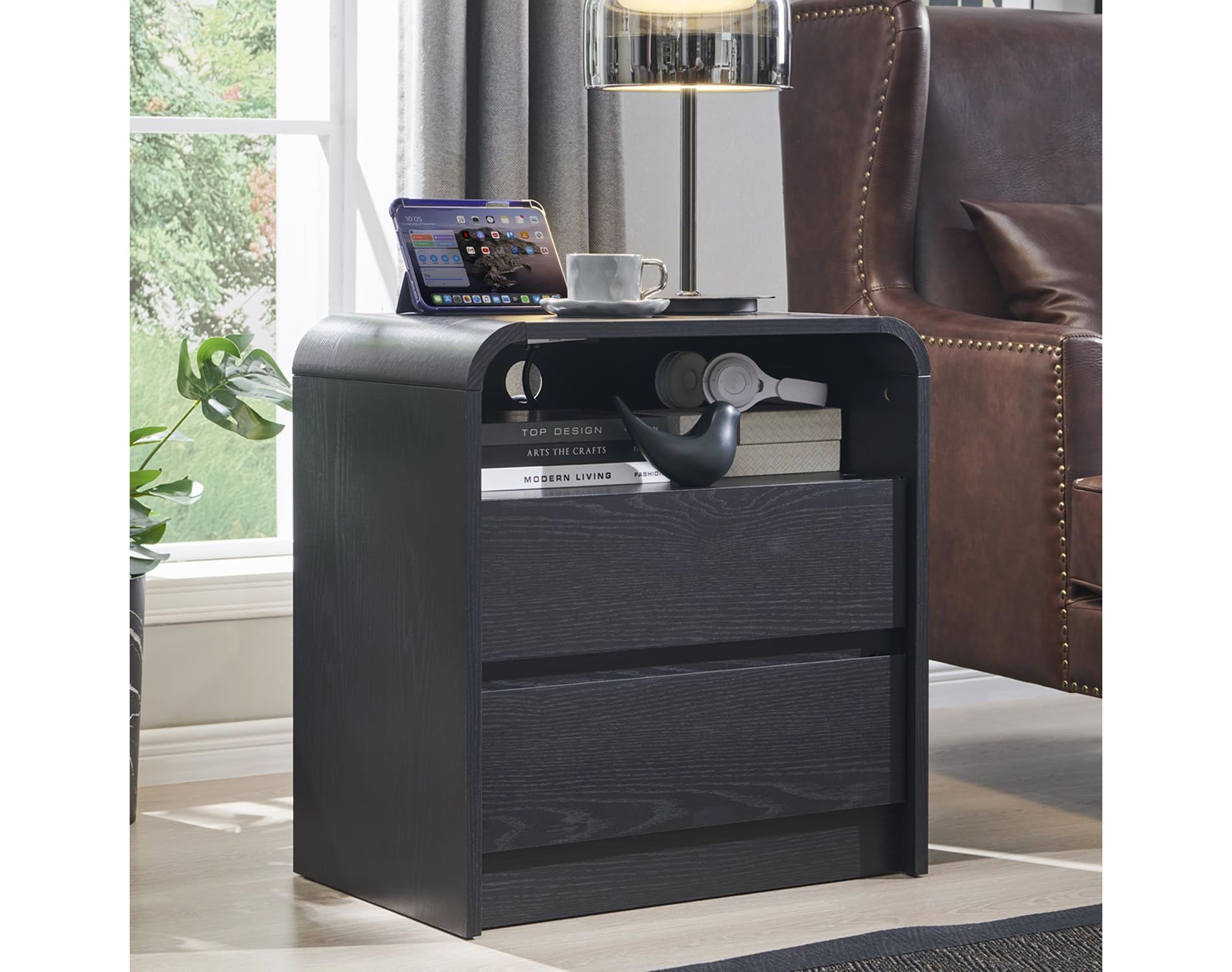 SinCiDo 25" Tall Modern Nightstand, Wood Bedside Table w/Charging Station & 2 Drawers, Mid Century End Table for Bedroom, Living Room