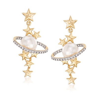 Ross-Simons 7.5-8mm Cultured Pearl and .15 ct. t.w. Diamond Star and Planet Drop Earrings in 14kt Yellow Gold