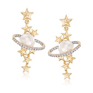 Ross-Simons 7.5-8mm Cultured Pearl and .15 ct. t.w. Diamond Star and Planet Drop Earrings in 14kt Yellow Gold - 1 of 4