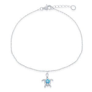 Opalata Sterling Silver, Blue Inlay Opal Turtle Anklet - Blue - 9+1 Inch - 1 of 2