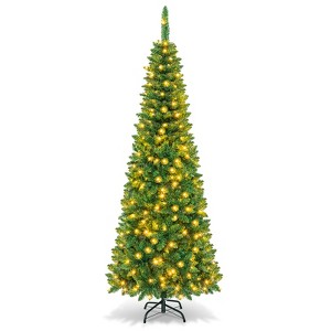 Tangkula 4.5/6.5/7.5ft Pencil Christmas Tree Pre-Lit Hinged Artificial Decoration w/ 250 Warm White Lights - 1 of 4