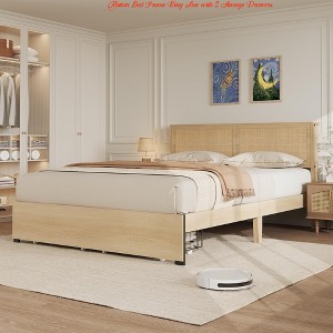 Rattan Bed Frame King/Queen/Full Size w/ 2 Storage Drawers, Boho Platform Bed w/ Natural Rattan Headboard, Wood Slats Support - 1 of 4