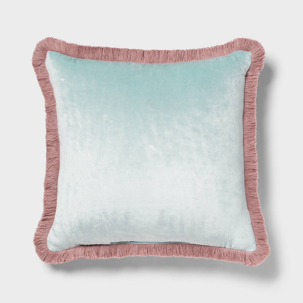 Photos - Pillow Velvet Contrast Fringe Dec  Square Light Teal Blue/Pink - Threshold™