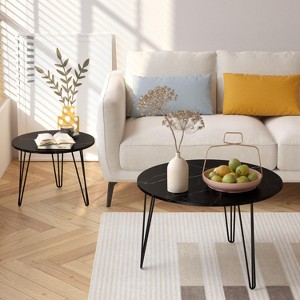 Okak 27.56" Round Coffee Table, Wooden Nesting Table Set of 2 with  Sturdy Metal Legs, Rustic Side End Tables for Living Room Bedroom - 1 of 4