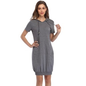 Women's Casual Short Sleeve Solid Color Pullover Hooded Tunic Dress with Kangaroo Pocket - 1 of 4