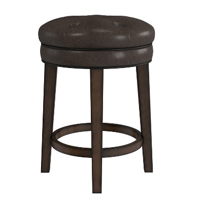 Classic Charcoal Gray Button-Tufted Leather Swivel Counter Stool